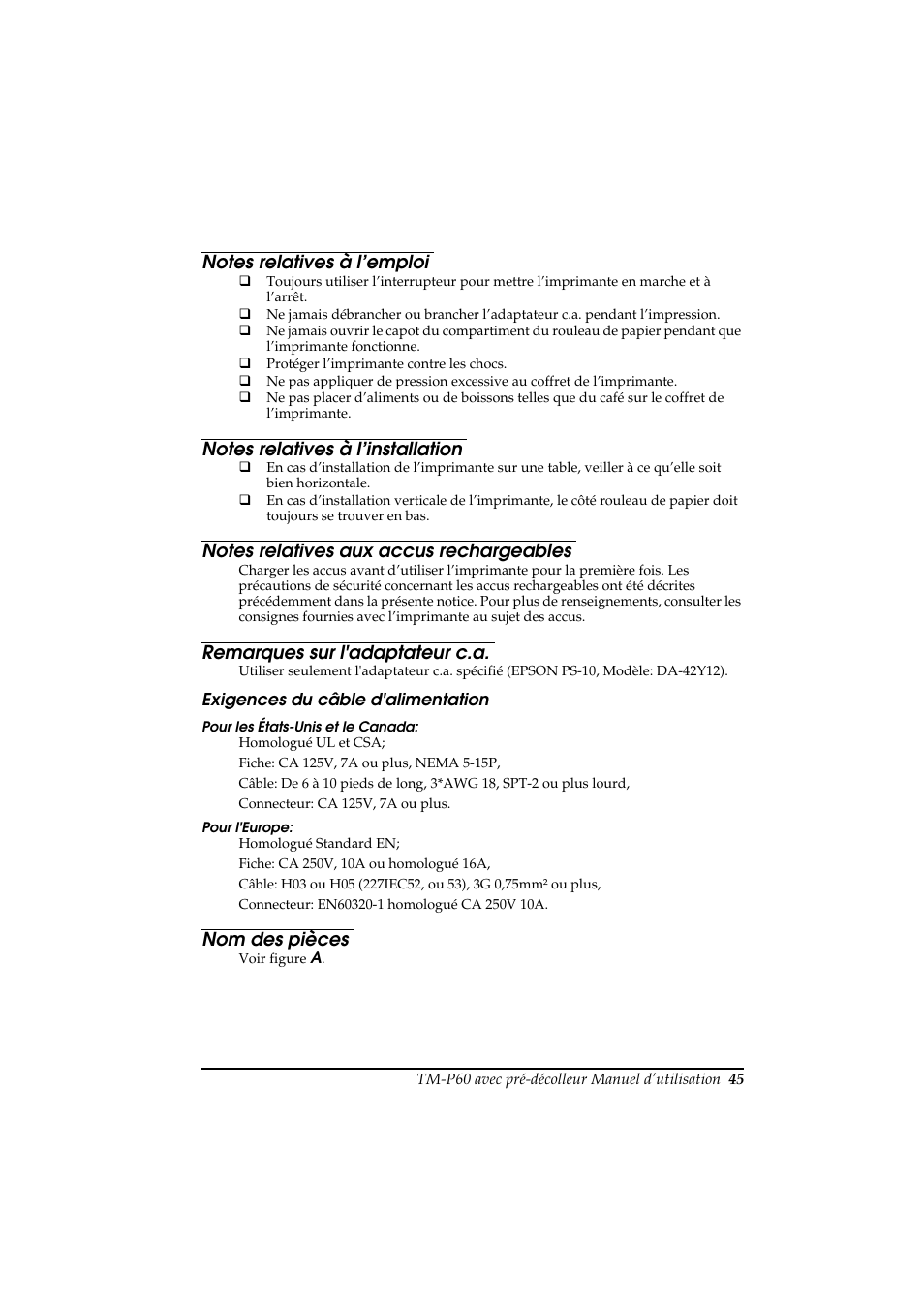 Remarques sur l'adaptateur c.a, Nom des pièces | Rice Lake Epson Mobilink TM-P60 User Manual | Page 51 / 104