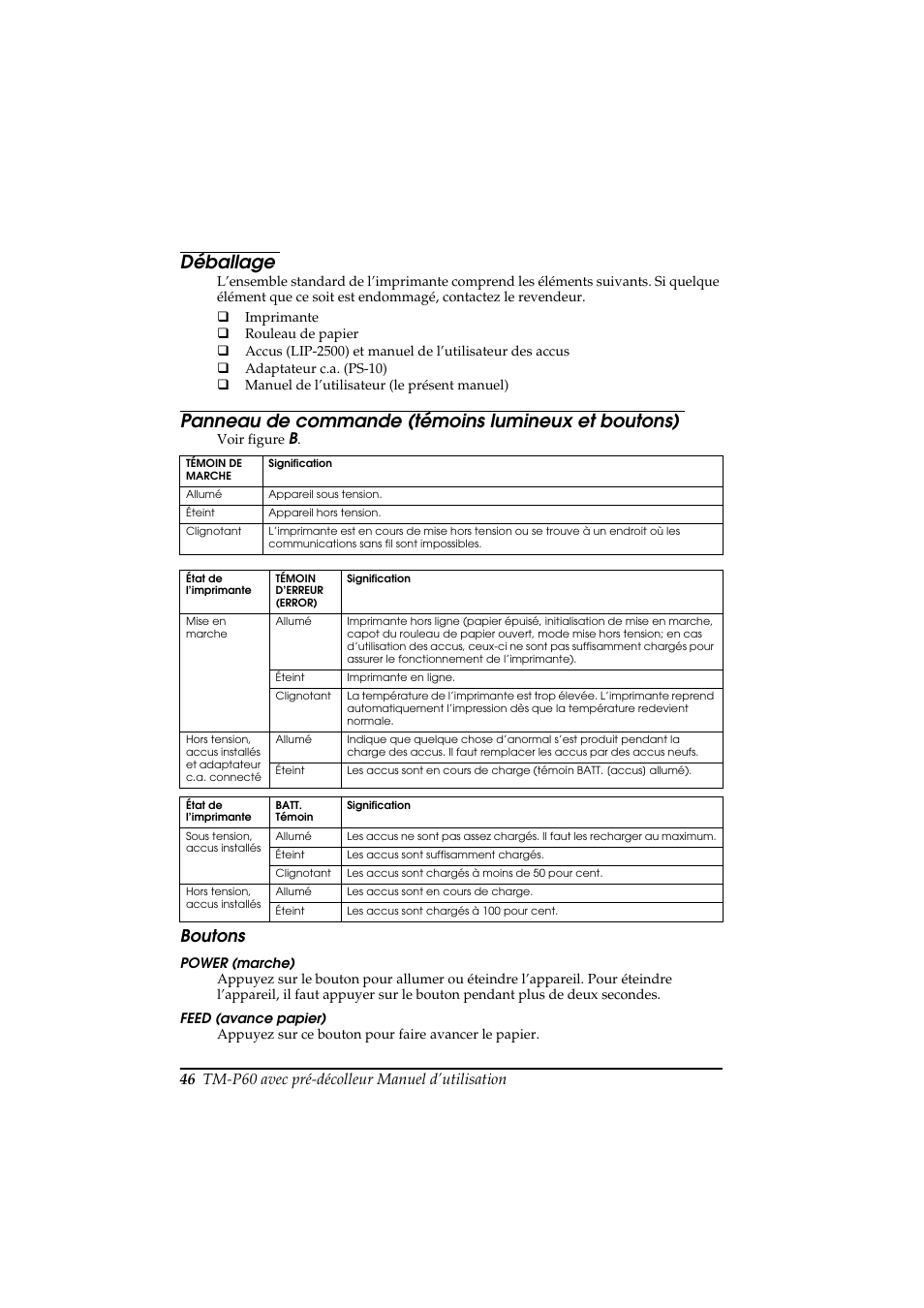 Déballage, Panneau de commande (témoins lumineux et boutons), Boutons | Rice Lake Epson Mobilink TM-P60 User Manual | Page 52 / 104