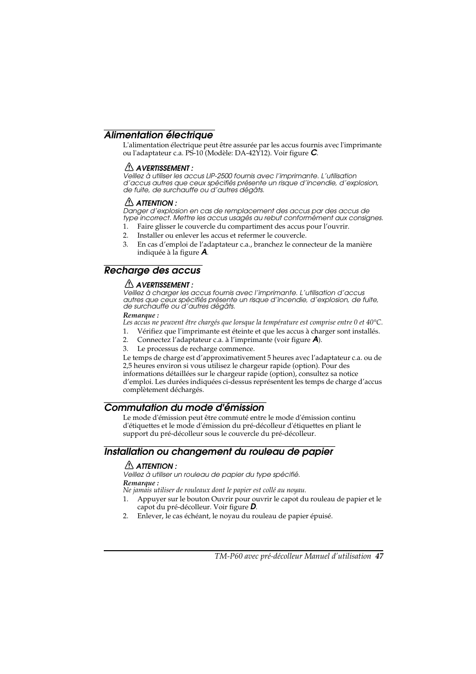 Alimentation électrique, Recharge des accus, Commutation du mode d'émission | Installation ou changement du rouleau de papier | Rice Lake Epson Mobilink TM-P60 User Manual | Page 53 / 104