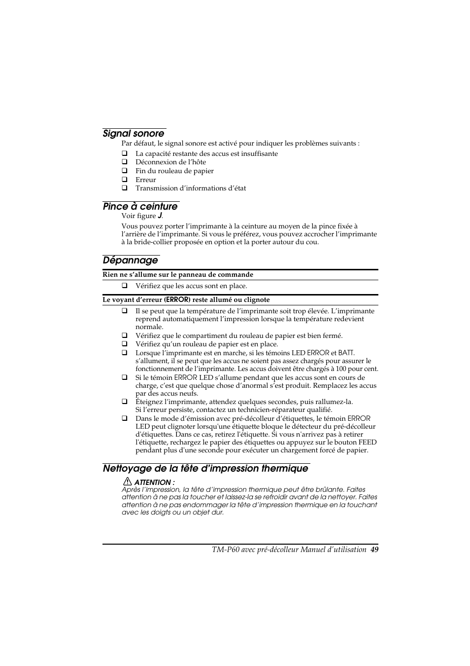 Signal sonore, Pince à ceinture, Dépannage | Nettoyage de la tête d’impression thermique | Rice Lake Epson Mobilink TM-P60 User Manual | Page 55 / 104