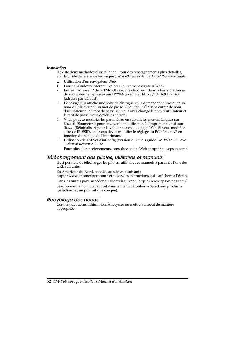 Téléchargement des pilotes, utilitaires et manuels, Recyclage des accus | Rice Lake Epson Mobilink TM-P60 User Manual | Page 58 / 104