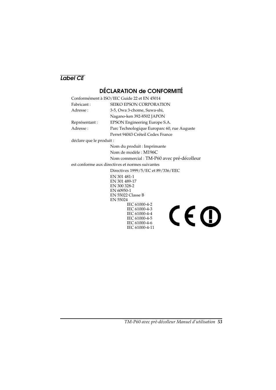 Label ce déclaration de conformité | Rice Lake Epson Mobilink TM-P60 User Manual | Page 59 / 104