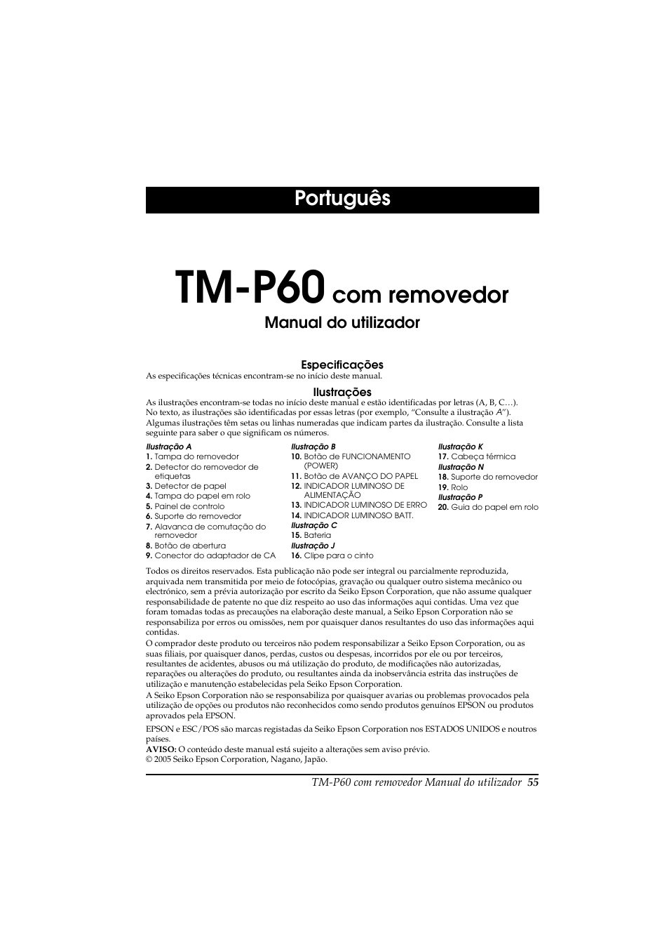 Manual do utilizador, Tm-p60, Com removedor | Português | Rice Lake Epson Mobilink TM-P60 User Manual | Page 61 / 104