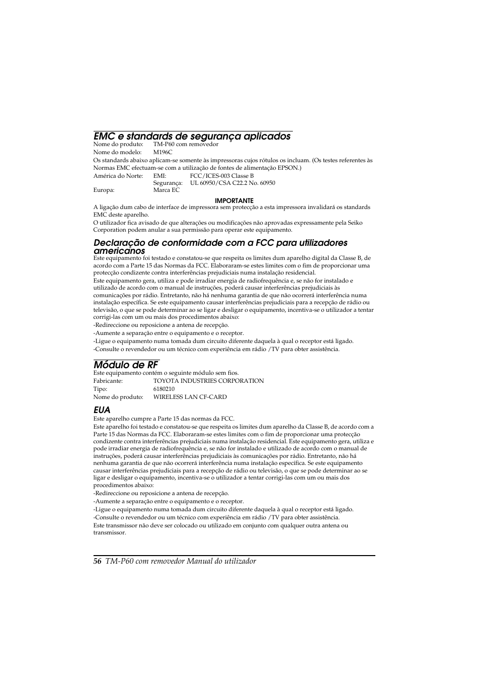 Emc e standards de segurança aplicados, Módulo de rf | Rice Lake Epson Mobilink TM-P60 User Manual | Page 62 / 104