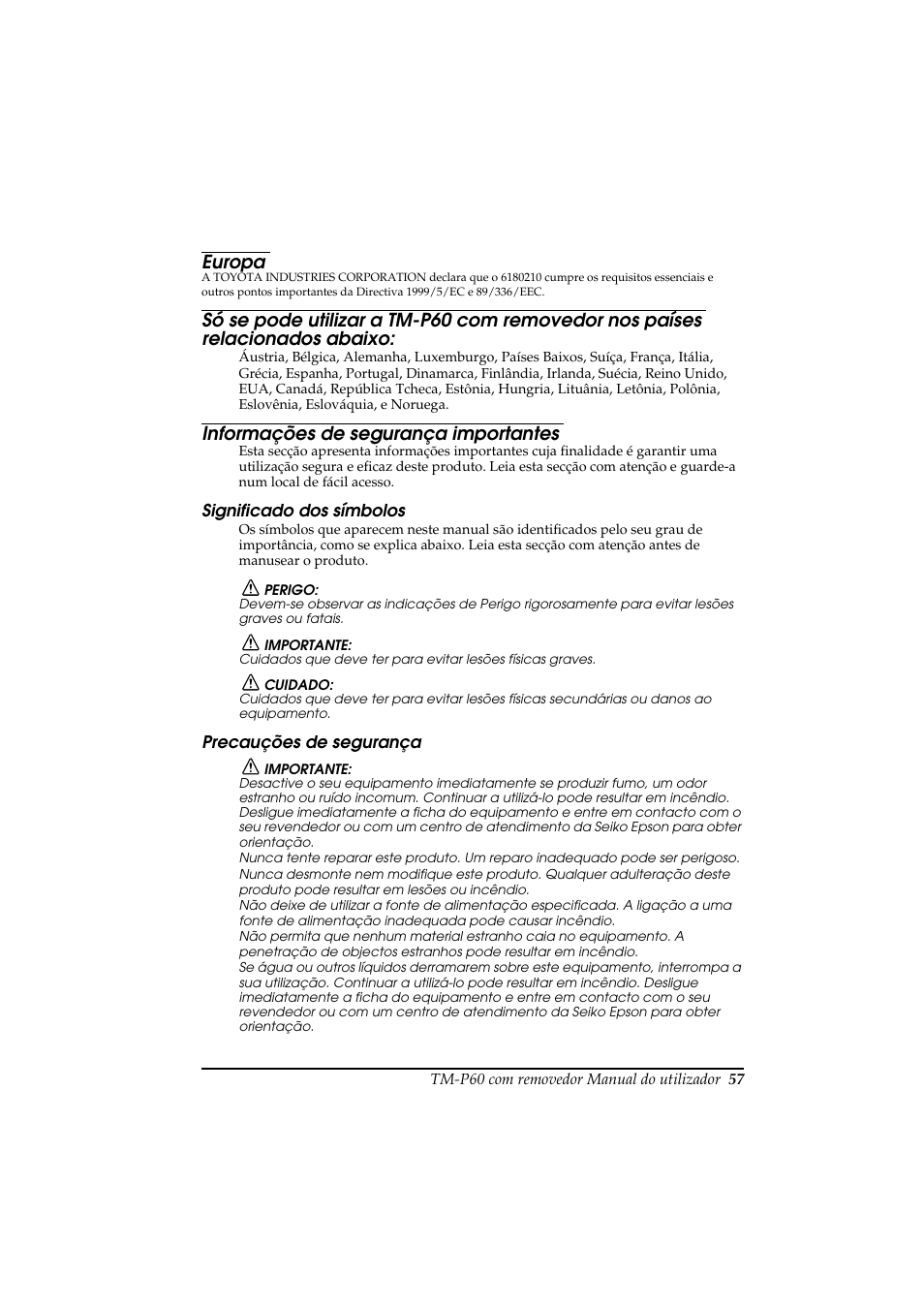 Europa, Informações de segurança importantes | Rice Lake Epson Mobilink TM-P60 User Manual | Page 63 / 104