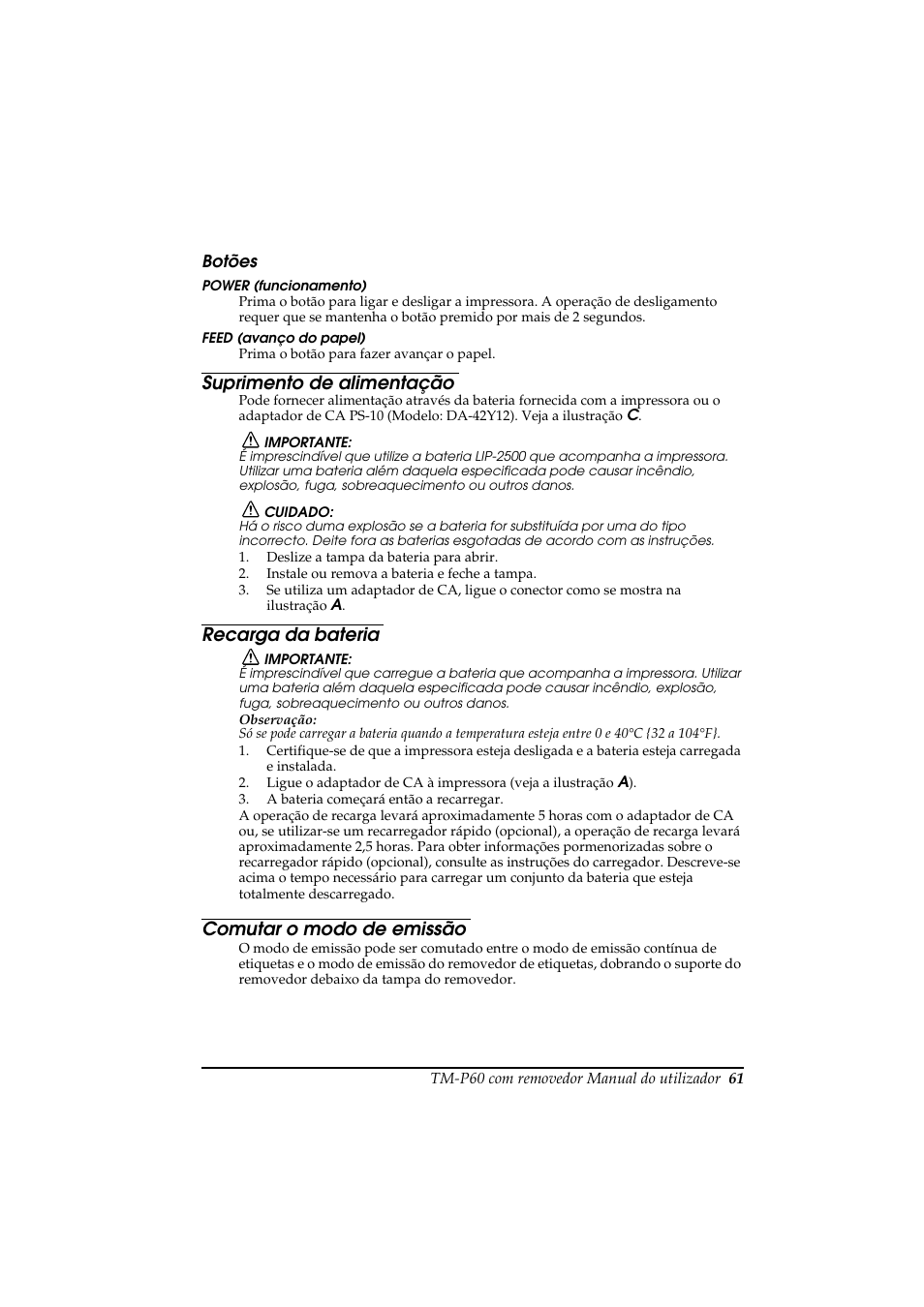 Suprimento de alimentação, Recarga da bateria, Comutar o modo de emissão | Rice Lake Epson Mobilink TM-P60 User Manual | Page 67 / 104