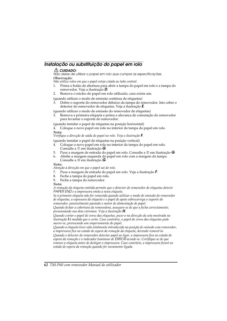 Instalação ou substituição do papel em rolo | Rice Lake Epson Mobilink TM-P60 User Manual | Page 68 / 104