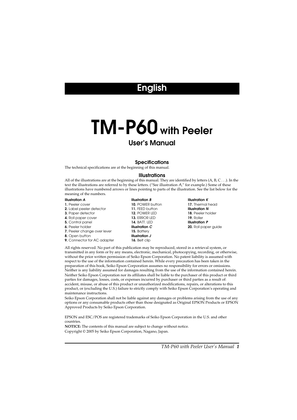 User’s manual, Tm-p60, With peeler | English | Rice Lake Epson Mobilink TM-P60 User Manual | Page 7 / 104