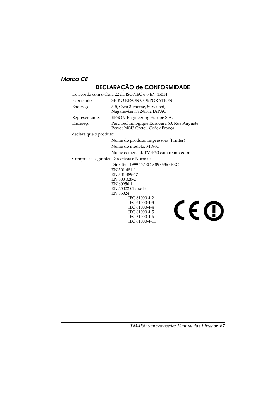 Marca ce declaração de conformidade | Rice Lake Epson Mobilink TM-P60 User Manual | Page 73 / 104