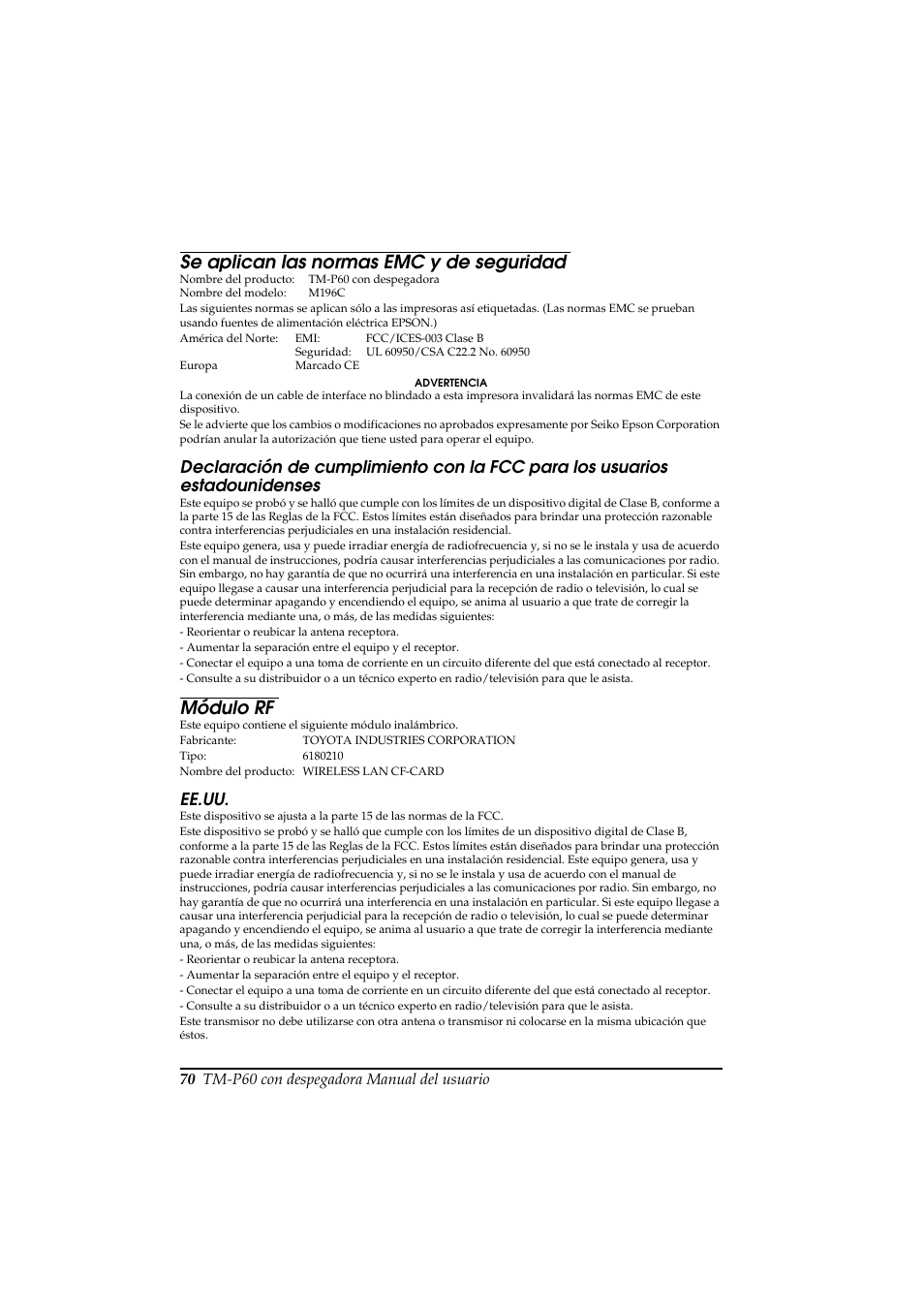 Se aplican las normas emc y de seguridad, Módulo rf, Ee.uu | Rice Lake Epson Mobilink TM-P60 User Manual | Page 76 / 104