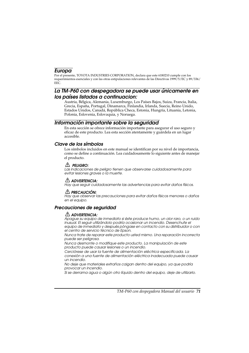 Europa, Información importante sobre la seguridad | Rice Lake Epson Mobilink TM-P60 User Manual | Page 77 / 104