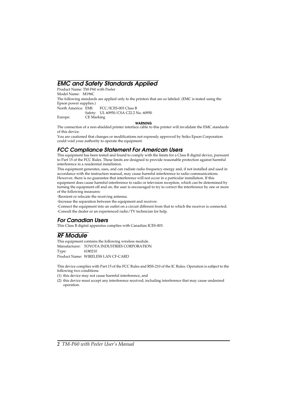 Emc and safety standards applied, Rf module, Fcc compliance statement for american users | For canadian users | Rice Lake Epson Mobilink TM-P60 User Manual | Page 8 / 104