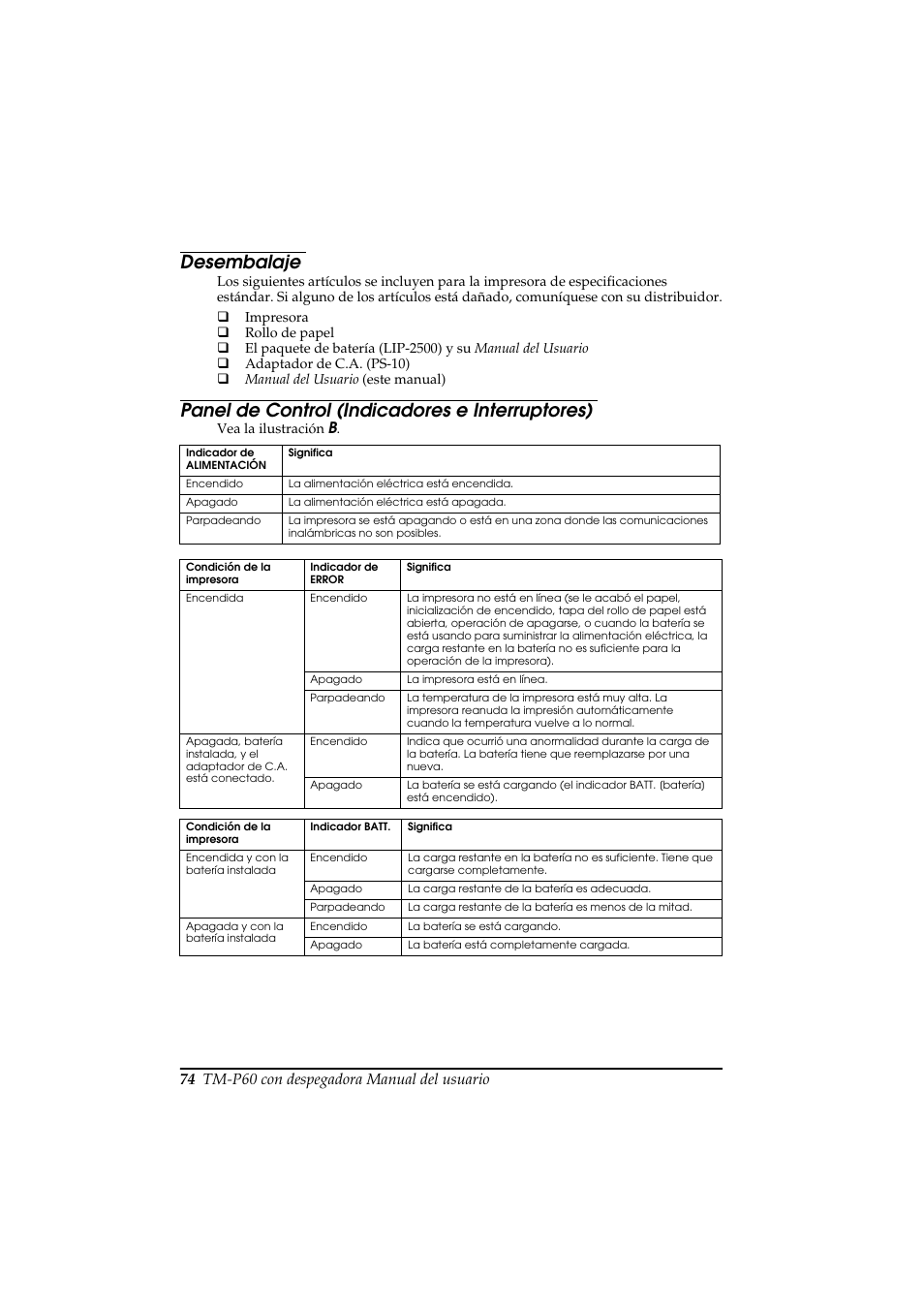 Desembalaje, Panel de control (indicadores e interruptores) | Rice Lake Epson Mobilink TM-P60 User Manual | Page 80 / 104