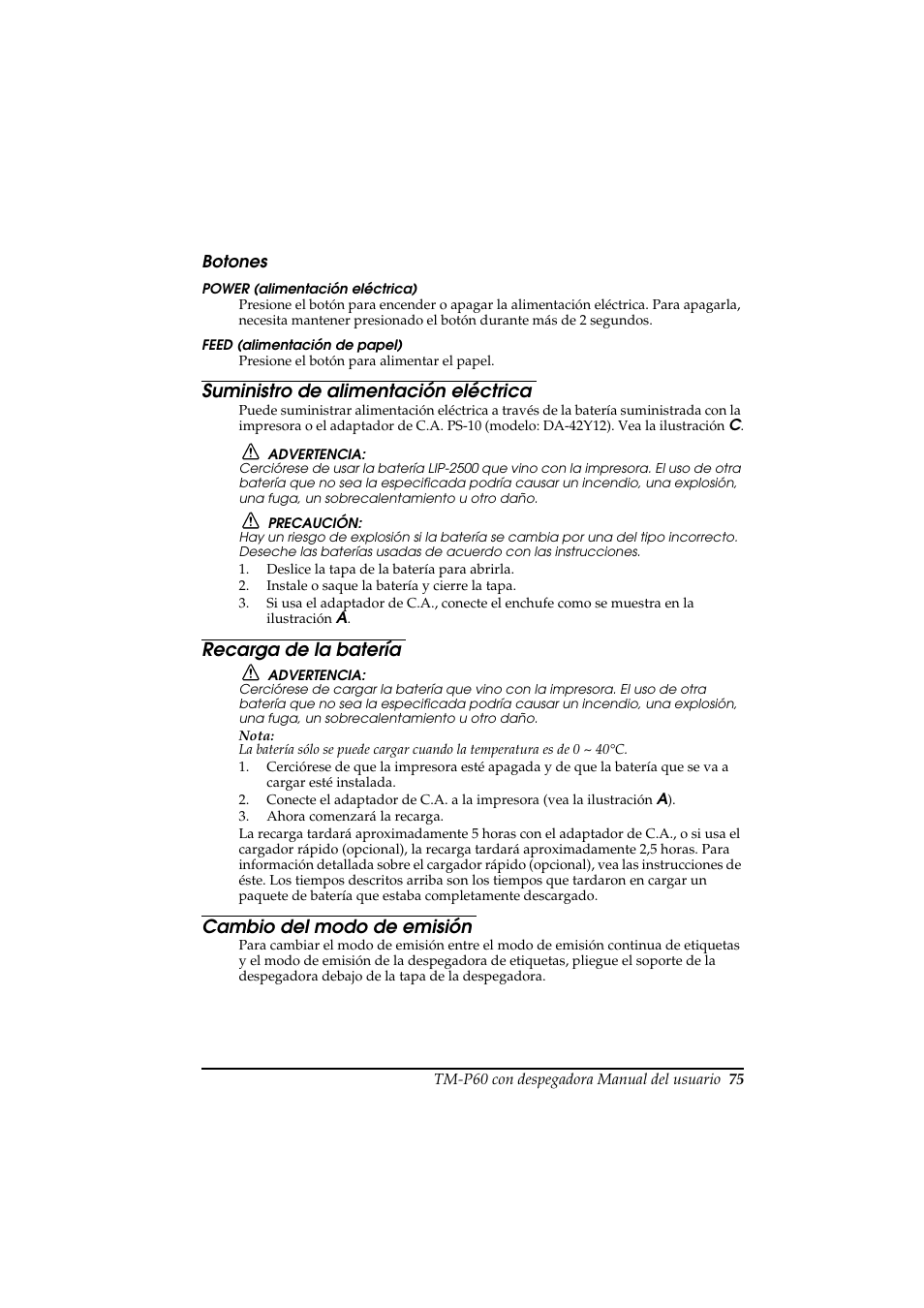 Suministro de alimentación eléctrica, Recarga de la batería, Cambio del modo de emisión | Rice Lake Epson Mobilink TM-P60 User Manual | Page 81 / 104