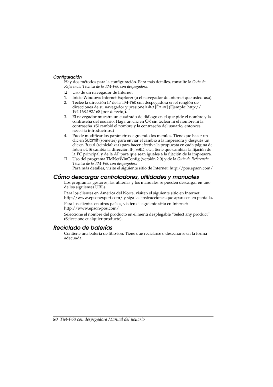Reciclado de baterías | Rice Lake Epson Mobilink TM-P60 User Manual | Page 86 / 104