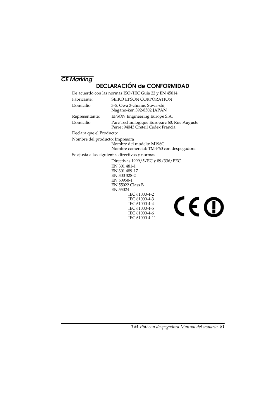 Ce marking declaración de conformidad | Rice Lake Epson Mobilink TM-P60 User Manual | Page 87 / 104