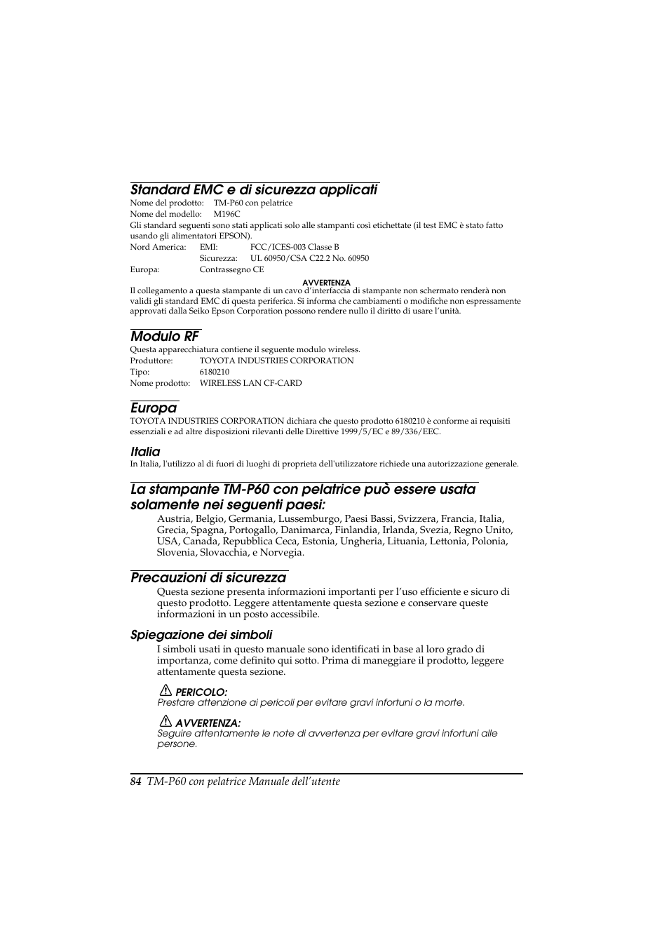 Standard emc e di sicurezza applicati, Modulo rf, Europa | Precauzioni di sicurezza | Rice Lake Epson Mobilink TM-P60 User Manual | Page 90 / 104