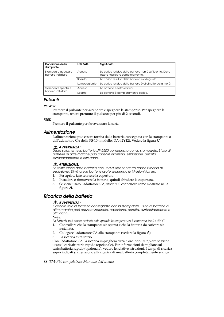 Alimentazione, Ricarica della batteria, Pulsanti | Rice Lake Epson Mobilink TM-P60 User Manual | Page 94 / 104