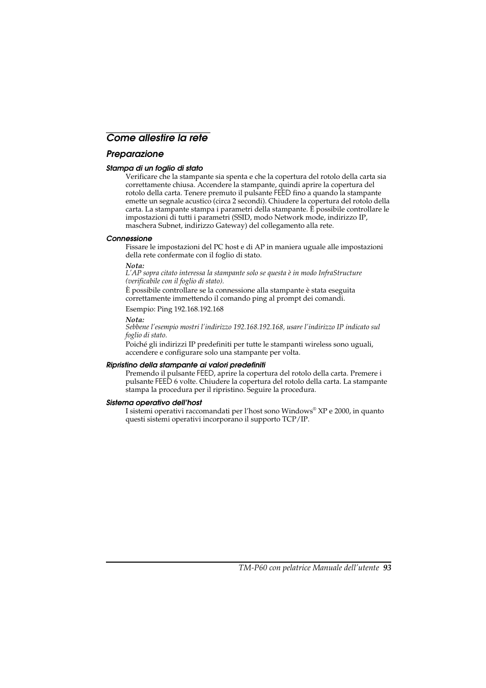 Come allestire la rete | Rice Lake Epson Mobilink TM-P60 User Manual | Page 99 / 104