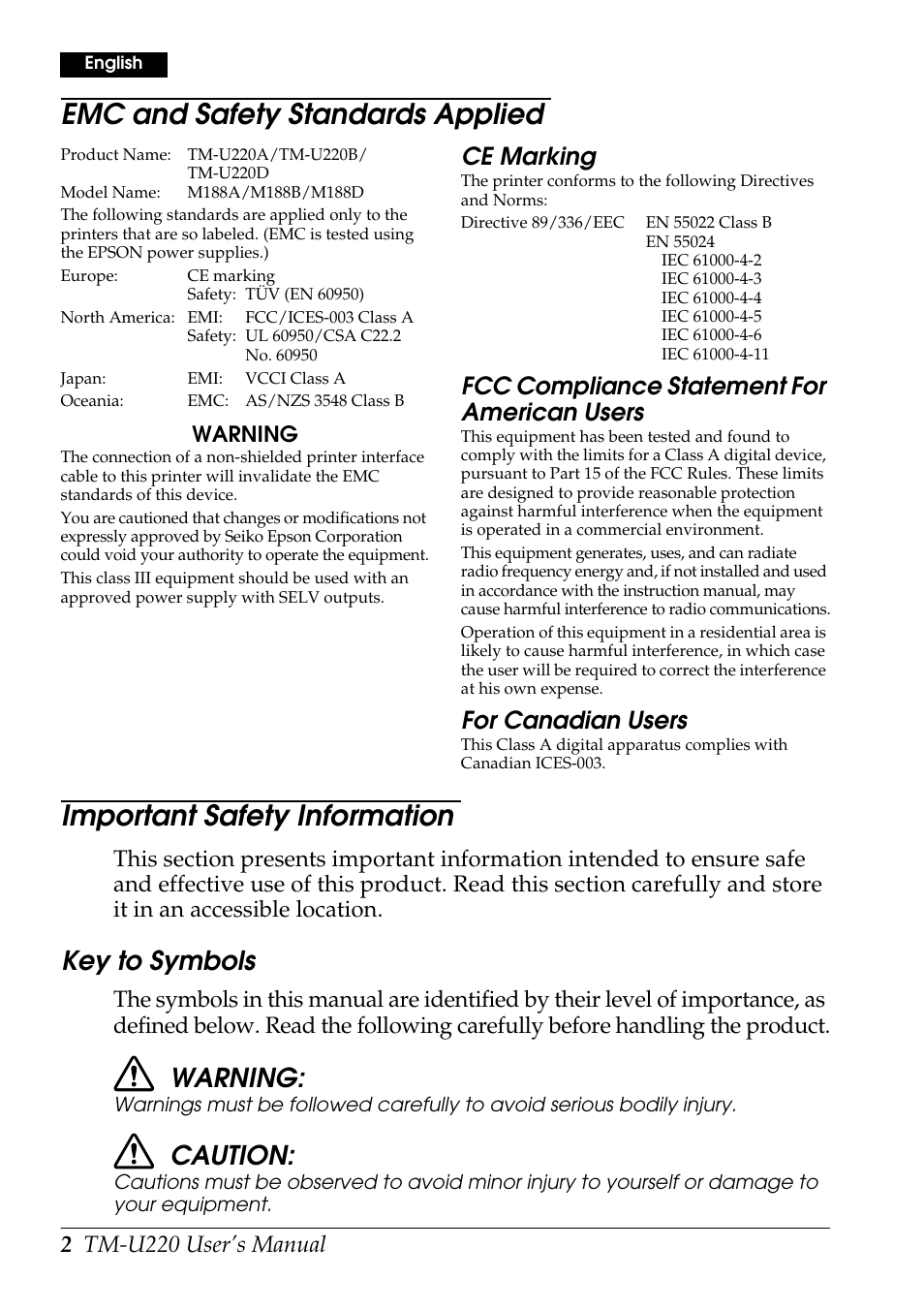 Emc and safety standards applied, Important safety information, Key to symbols | Warning, Caution, Ce marking, Fcc compliance statement for american users, For c anadian u sers | Rice Lake Epson TM-U220 Series User Manual | Page 10 / 92
