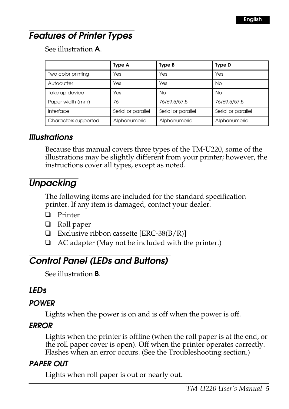 Features of printer types, Unpacking, Control panel (leds and buttons) | Illustrations, Leds, Power, Error, Paper out, Tm-u220 user’s manual 5, See illustration a | Rice Lake Epson TM-U220 Series User Manual | Page 13 / 92