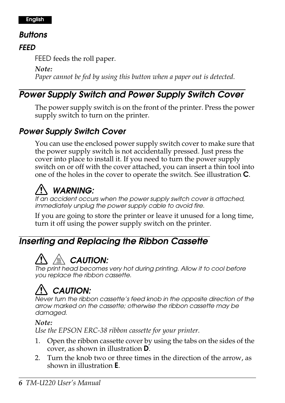 Power supply switch and power supply switch cover, Inserting and replacing the ribbon cassette | Rice Lake Epson TM-U220 Series User Manual | Page 14 / 92
