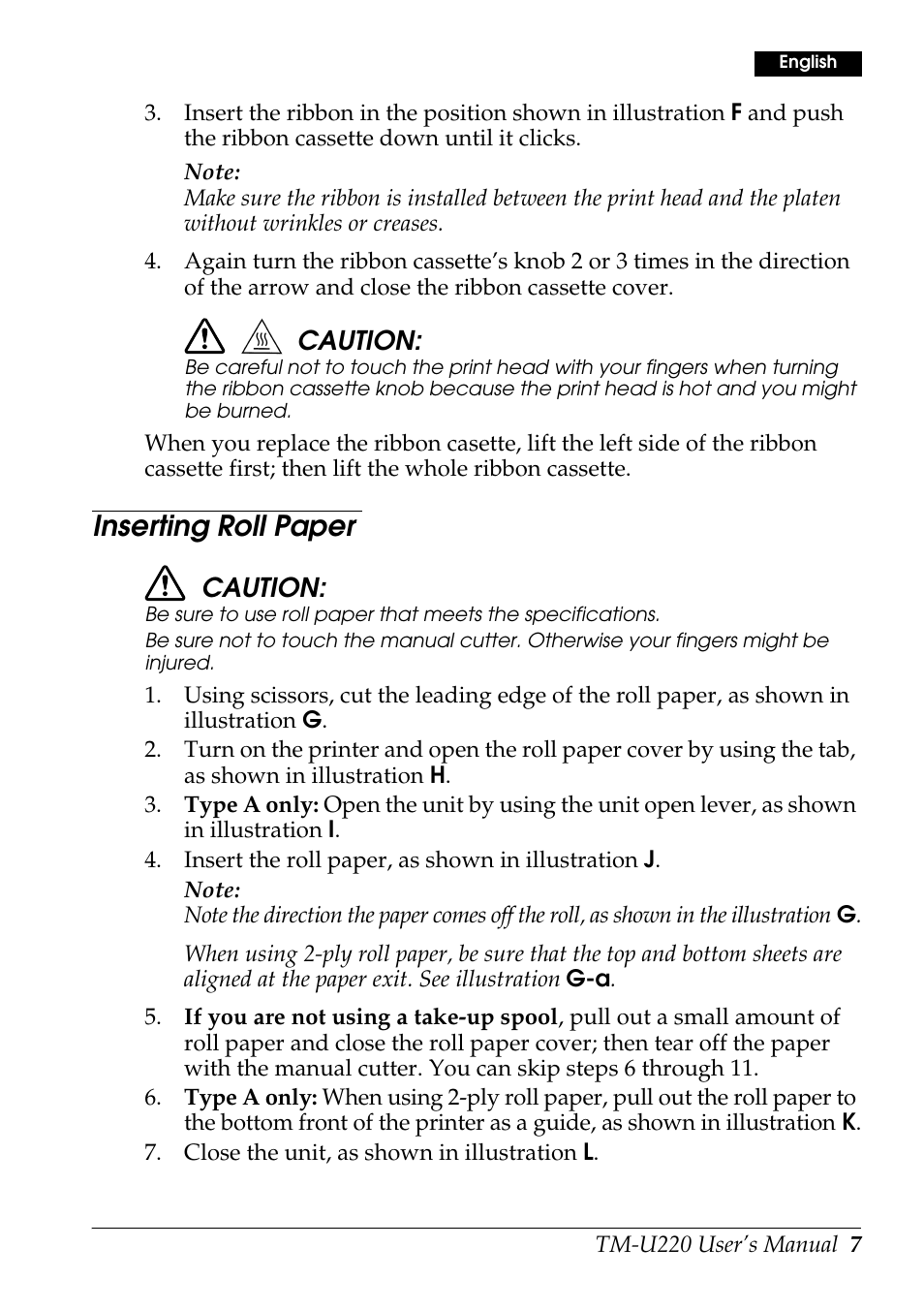 Inserting roll paper, Caution | Rice Lake Epson TM-U220 Series User Manual | Page 15 / 92