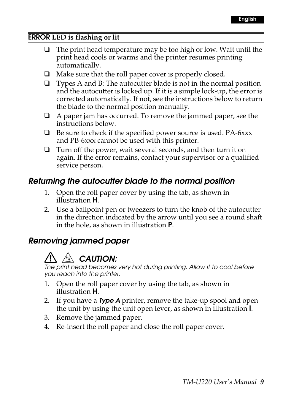 Removing jammed paper caution | Rice Lake Epson TM-U220 Series User Manual | Page 17 / 92