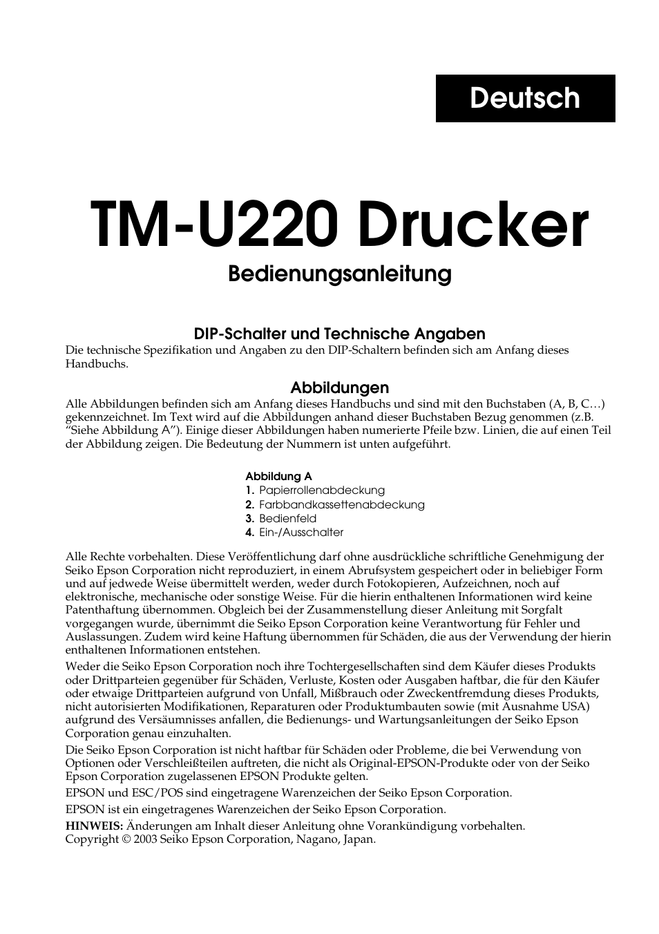 Deutsch, Tm-u220 drucker, Bedienungsanleitung | Rice Lake Epson TM-U220 Series User Manual | Page 19 / 92