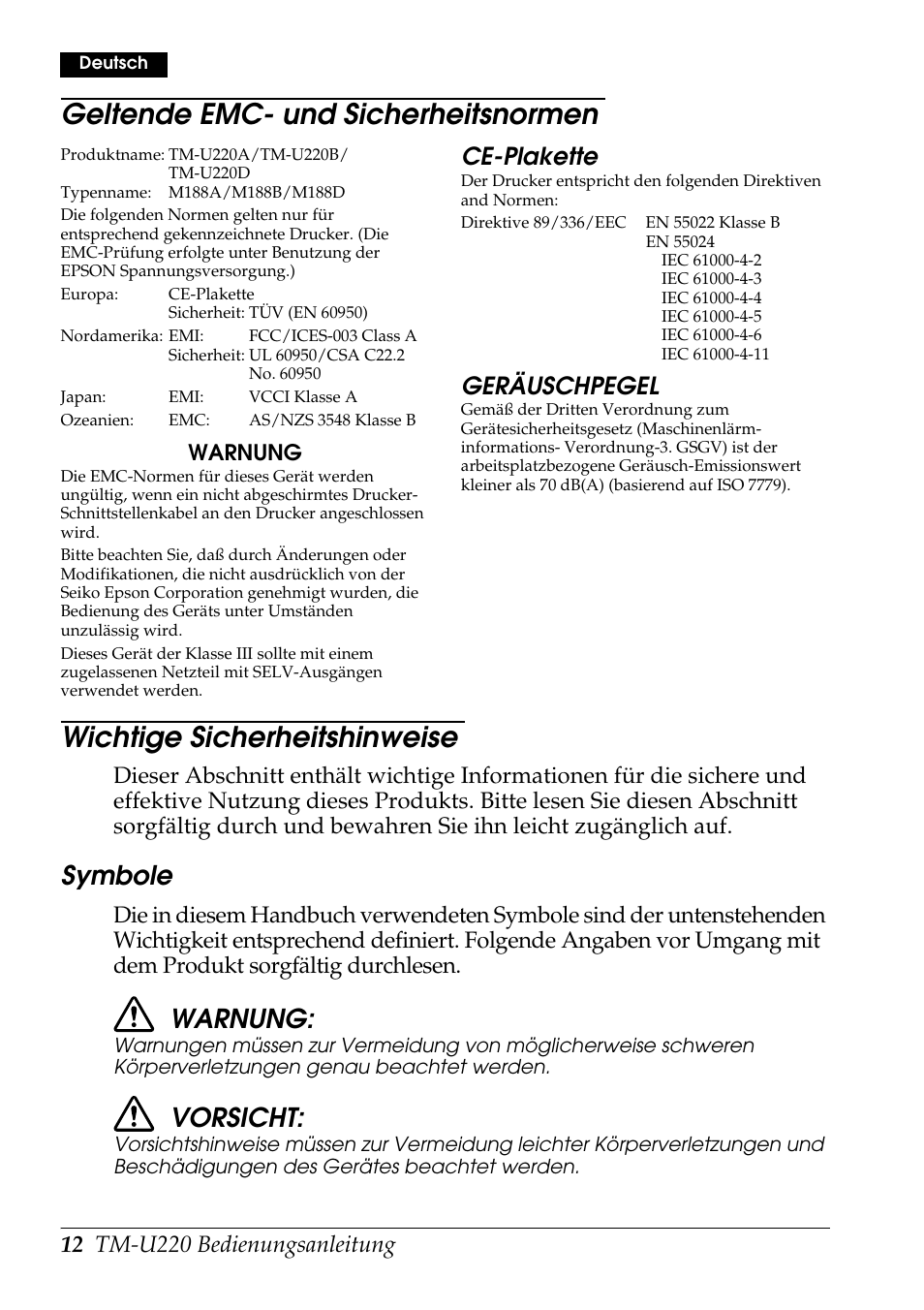 Geltende emc- und sicherheitsnormen, Wichtige sicherheitshinweise, Symbole | Warnung, Vorsicht, Ce-plakette, Geräuschpegel | Rice Lake Epson TM-U220 Series User Manual | Page 20 / 92