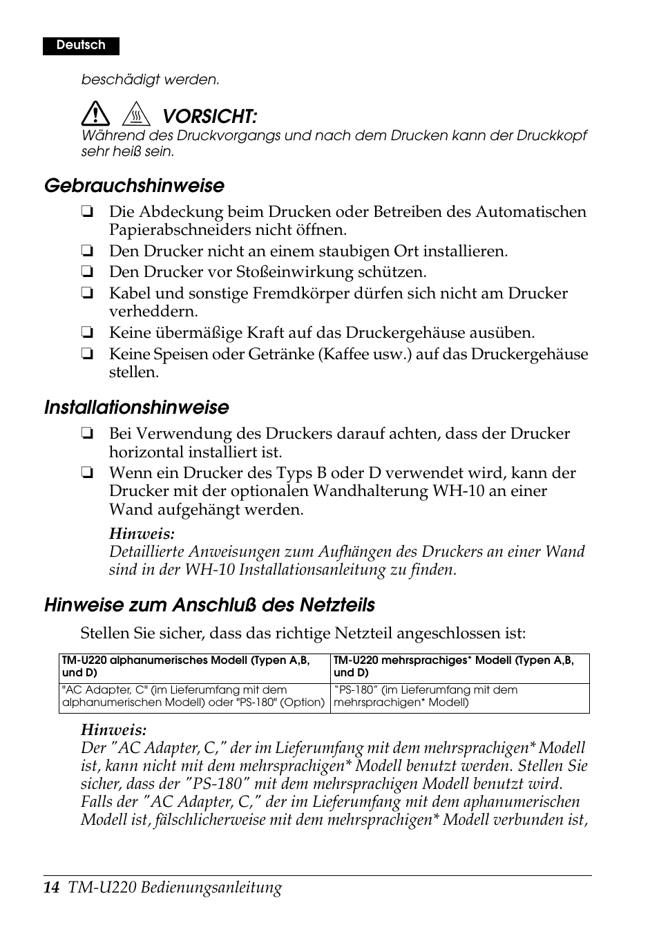 Vorsicht, Gebrauchshinweise, Installationshinweise | Hinweise zum anschluß des netzteils | Rice Lake Epson TM-U220 Series User Manual | Page 22 / 92