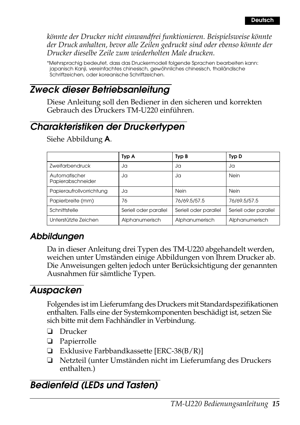 Zweck dieser betriebsanleitung, Charakteristiken der druckertypen, Auspacken | Bedienfeld (leds und tasten), Abbildungen, Siehe abbildung a | Rice Lake Epson TM-U220 Series User Manual | Page 23 / 92