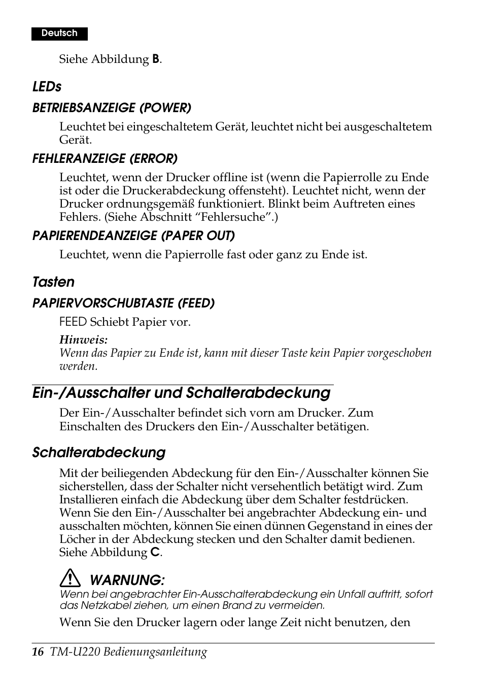 Ein-/ausschalter und schalterabdeckung | Rice Lake Epson TM-U220 Series User Manual | Page 24 / 92