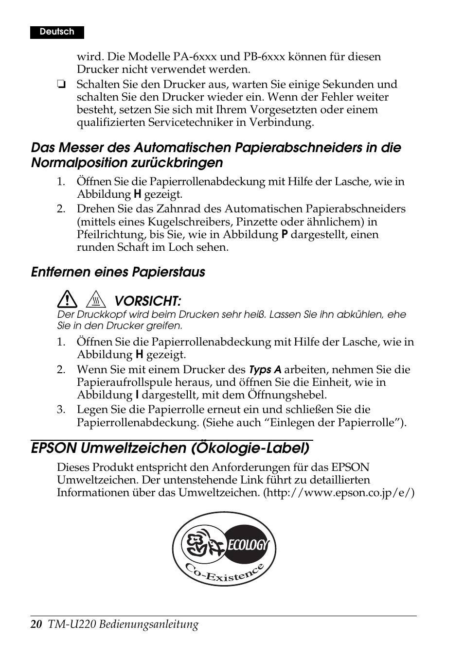 Epson umweltzeichen (ökologie-label), Entfernen eines papierstaus vorsicht | Rice Lake Epson TM-U220 Series User Manual | Page 28 / 92