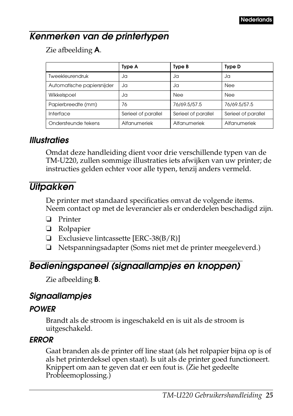 Kenmerken van de printertypen, Uitpakken, Bedieningspaneel (signaallampjes en knoppen) | Illustraties, Signaallampjes, Power, Error, Zie afbeelding a, Zie afbeelding b | Rice Lake Epson TM-U220 Series User Manual | Page 33 / 92