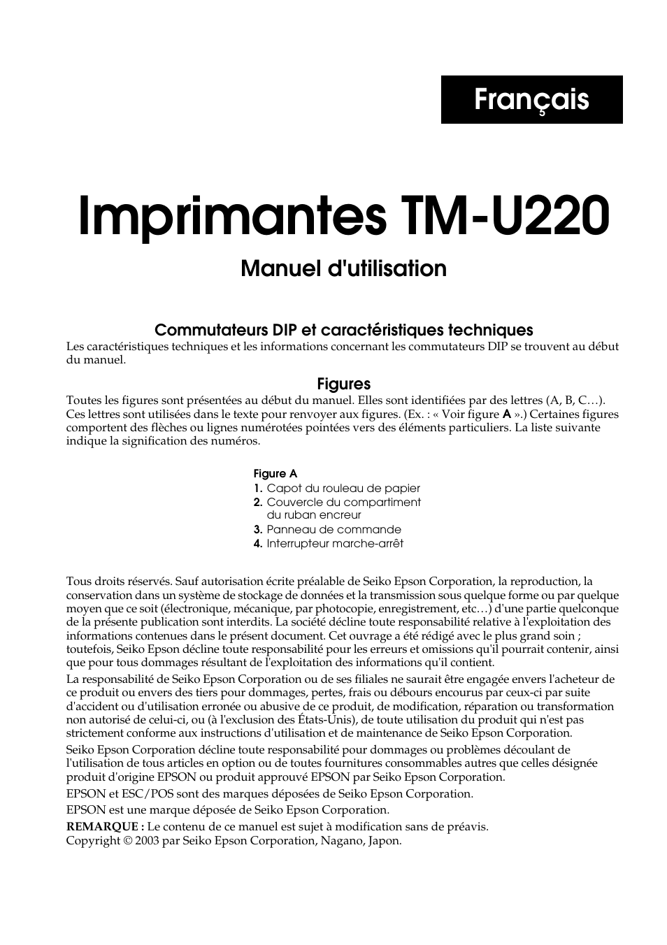 Français, Imprimantes tm-u220, Manuel d'utilisation | Rice Lake Epson TM-U220 Series User Manual | Page 39 / 92