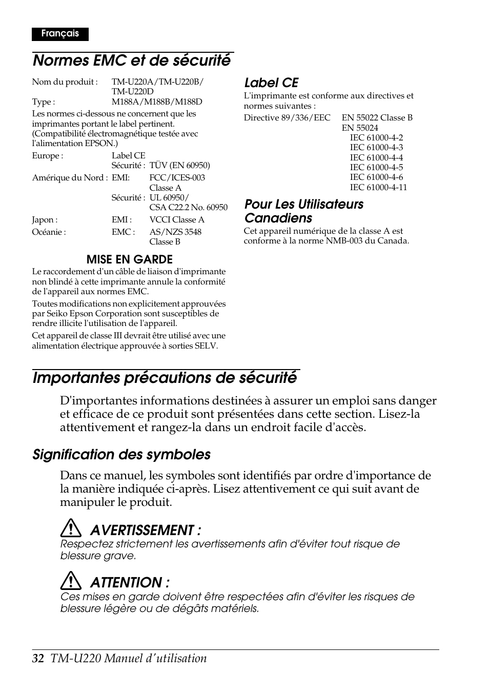Normes emc et de sécurité, Importantes précautions de sécurité, Signification des symboles | Avertissement, Attention, Label ce, Pour l es u tilisateurs c anadiens | Rice Lake Epson TM-U220 Series User Manual | Page 40 / 92