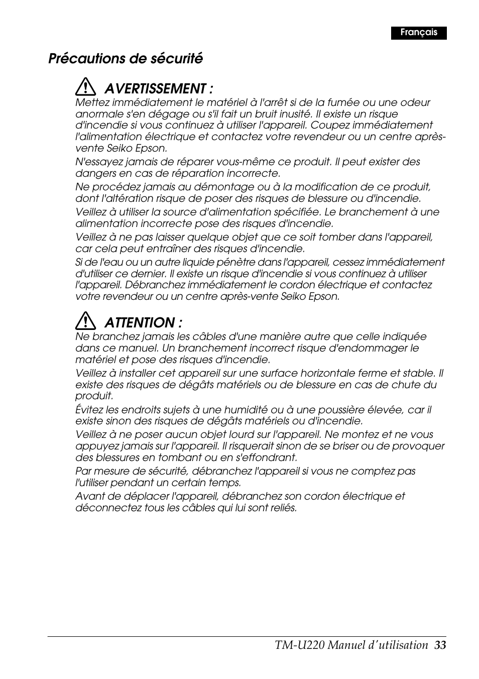Précautions de sécurité avertissement, Attention | Rice Lake Epson TM-U220 Series User Manual | Page 41 / 92