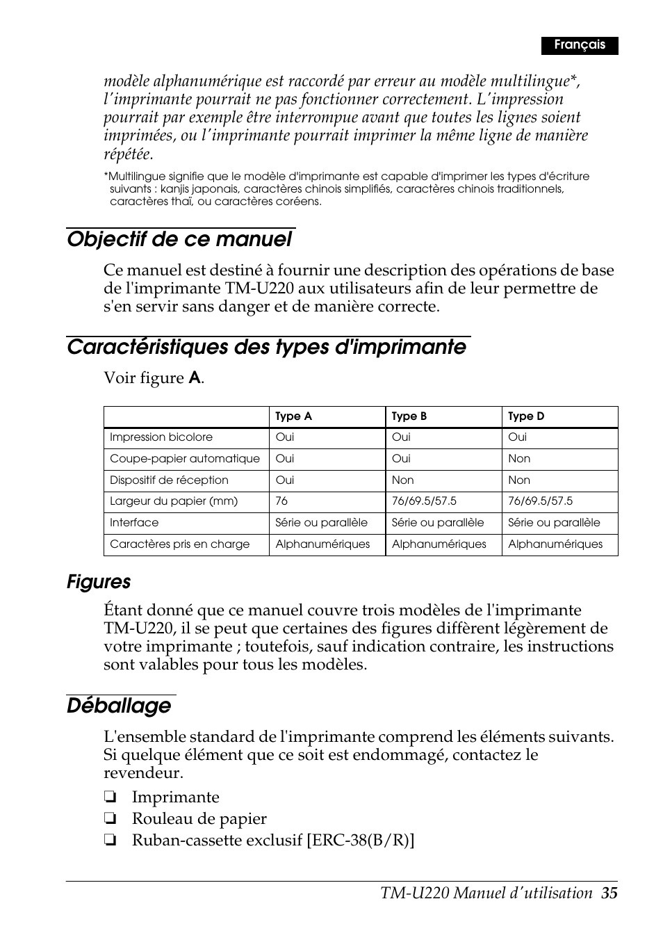 Objectif de ce manuel, Caractéristiques des types d'imprimante, Déballage | Figures, Voir figure a | Rice Lake Epson TM-U220 Series User Manual | Page 43 / 92