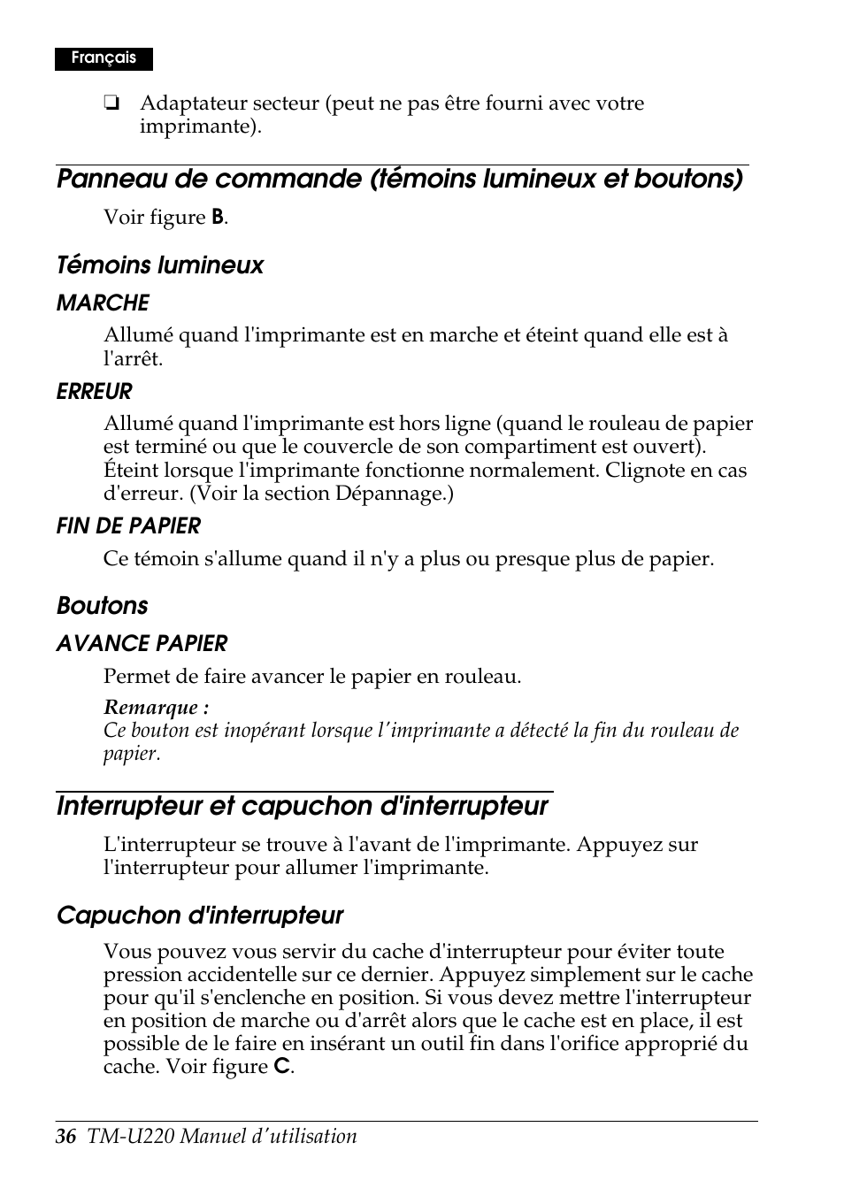 Panneau de commande (témoins lumineux et boutons), Interrupteur et capuchon d'interrupteur | Rice Lake Epson TM-U220 Series User Manual | Page 44 / 92