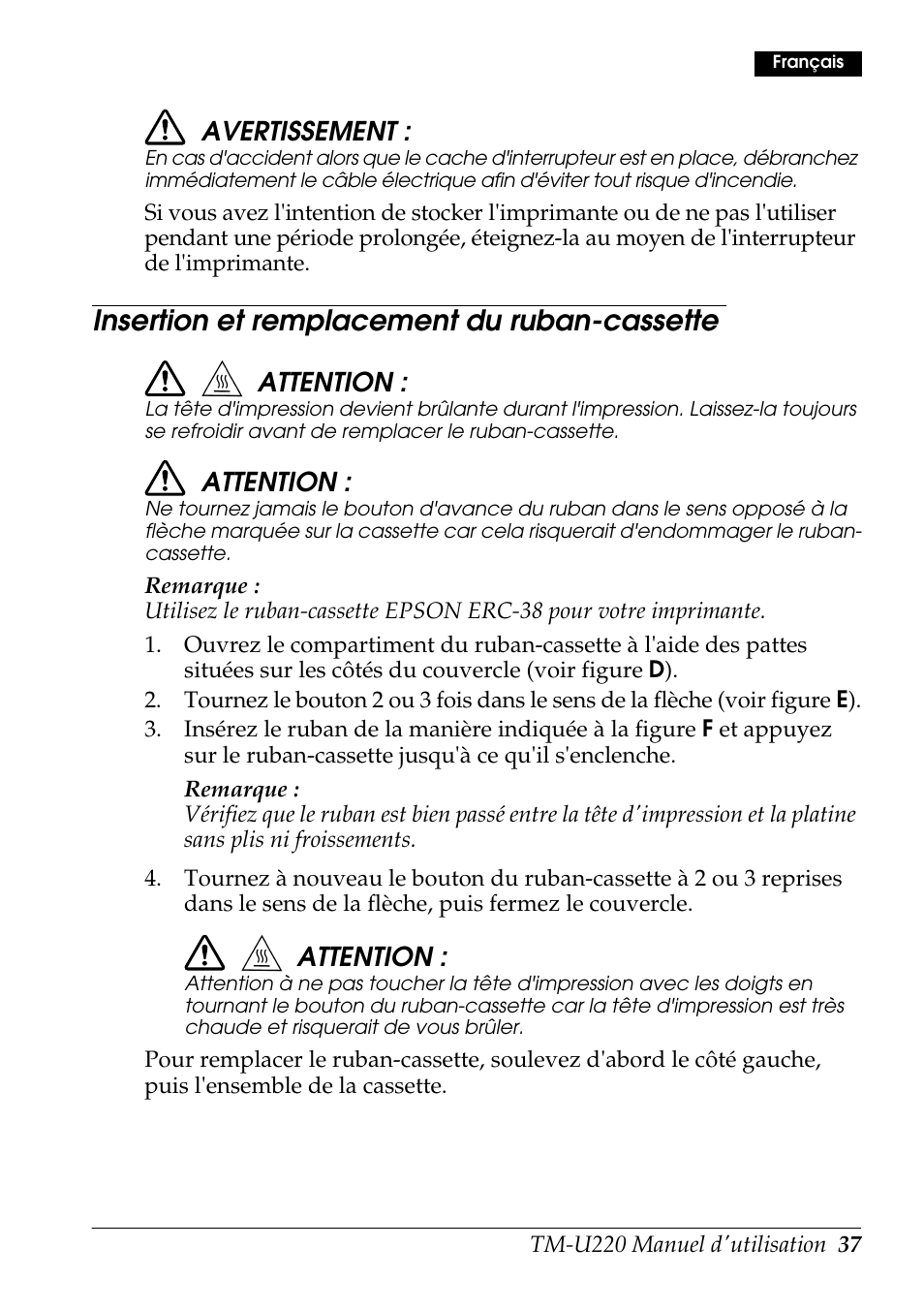 Insertion et remplacement du ruban-cassette, Avertissement, Attention | Rice Lake Epson TM-U220 Series User Manual | Page 45 / 92