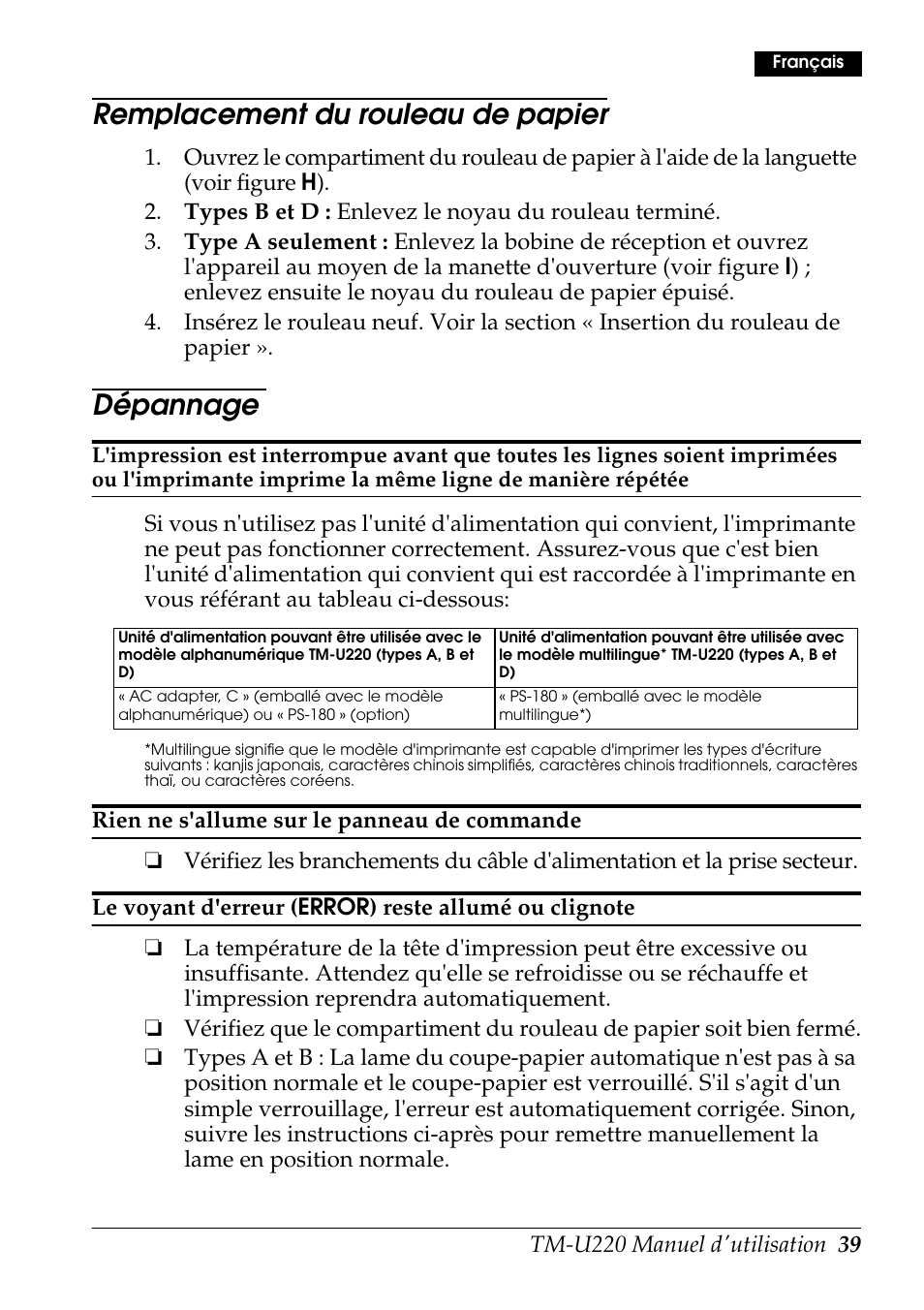 Remplacement du rouleau de papier, Dépannage | Rice Lake Epson TM-U220 Series User Manual | Page 47 / 92