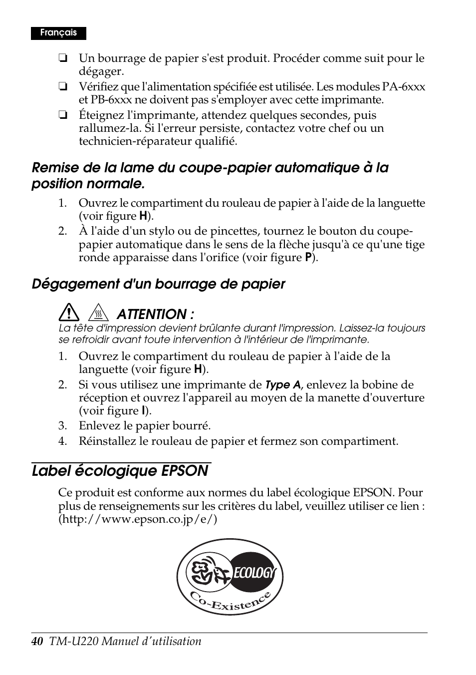 Label écologique epson, Dégagement d'un bourrage de papier attention | Rice Lake Epson TM-U220 Series User Manual | Page 48 / 92