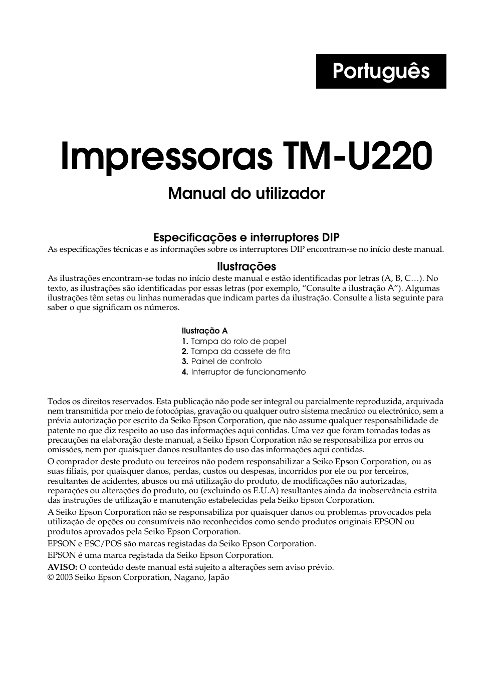 Português, Impressoras tm-u220, Manual do utilizador | Rice Lake Epson TM-U220 Series User Manual | Page 49 / 92