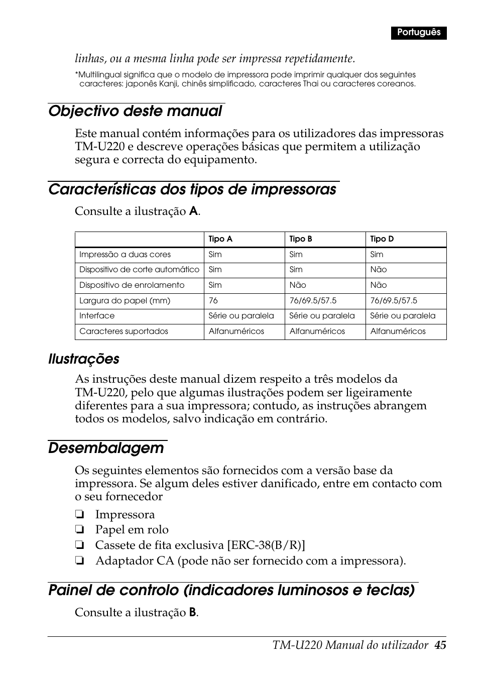 Objectivo deste manual, Características dos tipos de impressoras, Desembalagem | Ilustrações, Consulte a ilustração a, Consulte a ilustração b | Rice Lake Epson TM-U220 Series User Manual | Page 53 / 92