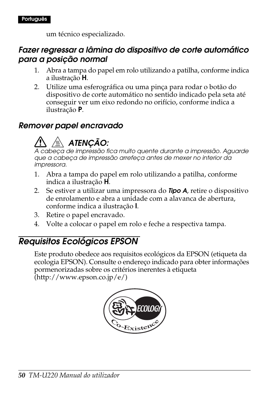 Requisitos ecológicos epson, Remover papel encravado atenção | Rice Lake Epson TM-U220 Series User Manual | Page 58 / 92