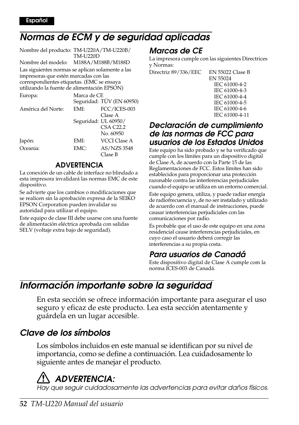 Normas de ecm y de seguridad aplicadas, Información importante sobre la seguridad, Clave de los símbolos | Advertencia, Marcas de ce, Para usuarios de canadá | Rice Lake Epson TM-U220 Series User Manual | Page 60 / 92