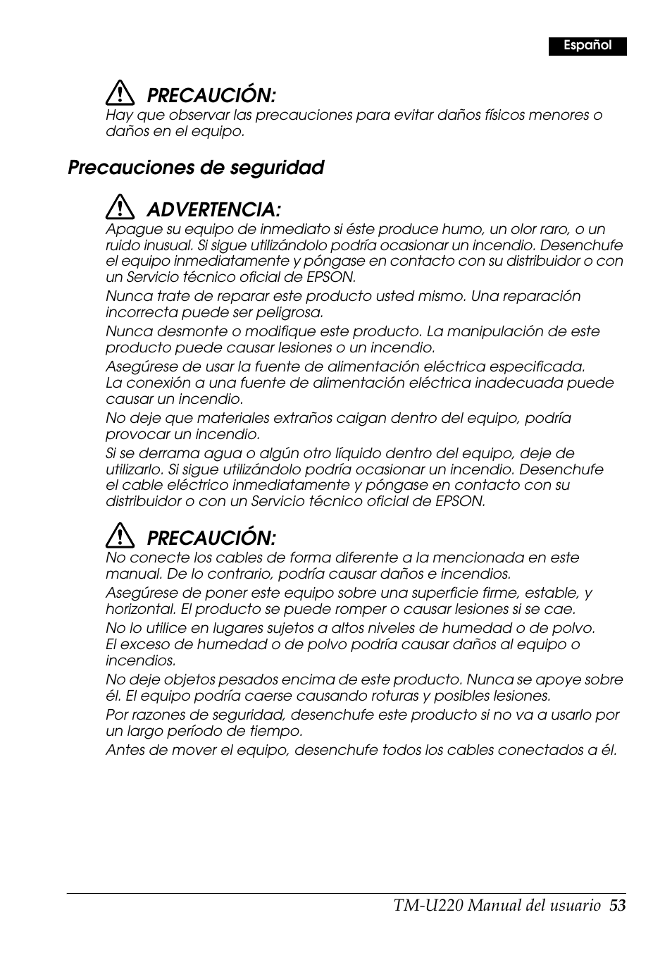Precaución, Precauciones de seguridad advertencia | Rice Lake Epson TM-U220 Series User Manual | Page 61 / 92