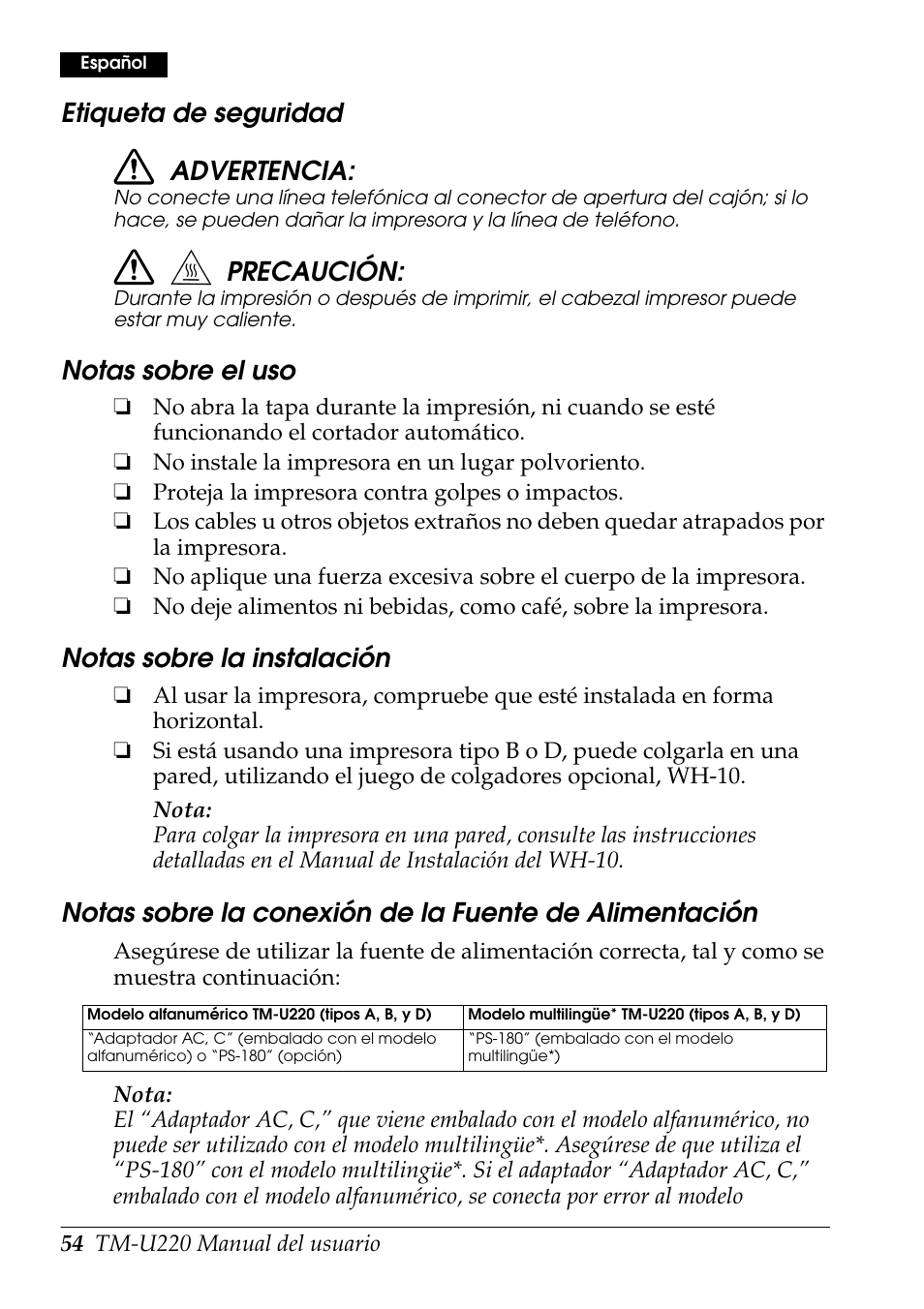 Etiqueta de seguridad advertencia, Precaución, Notas sobre el uso | Notas sobre la instalación | Rice Lake Epson TM-U220 Series User Manual | Page 62 / 92