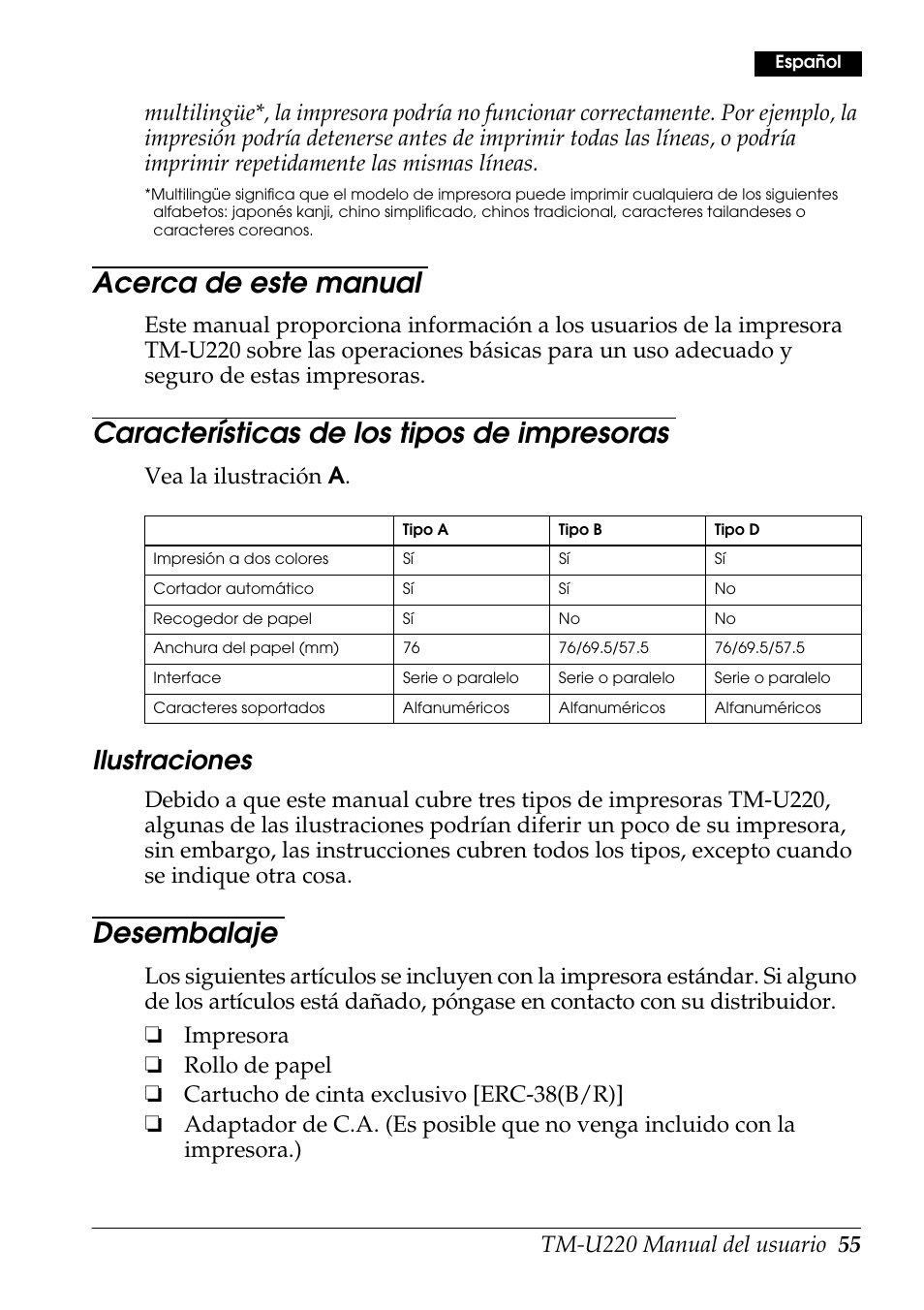 Acerca de este manual, Características de los tipos de impresoras, Desembalaje | Ilustraciones, Vea la ilustración a | Rice Lake Epson TM-U220 Series User Manual | Page 63 / 92